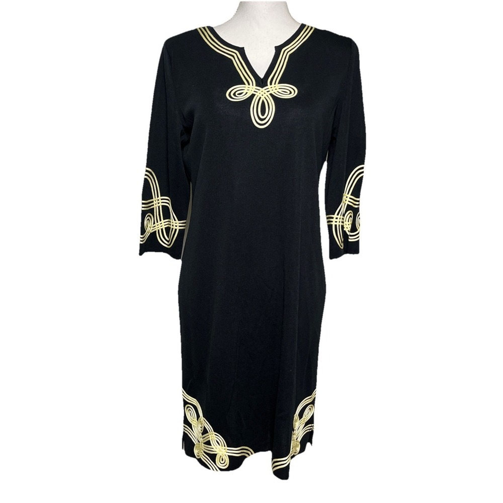 Ming Wang Women's Size M Petite Cord Embroidered Trim‎ Tunic Black Dress